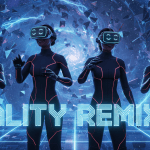 Three figures wearing VR headsets stand in a digital landscape with the text "Reality Remixed" in front.