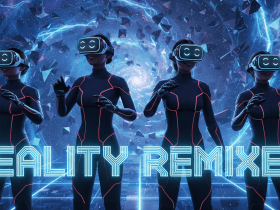 Three figures wearing VR headsets stand in a digital landscape with the text "Reality Remixed" in front.
