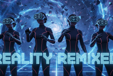 Three figures wearing VR headsets stand in a digital landscape with the text "Reality Remixed" in front.