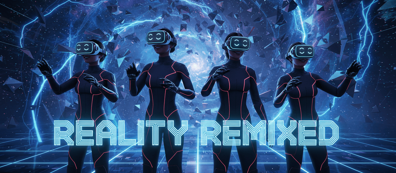 Three figures wearing VR headsets stand in a digital landscape with the text "Reality Remixed" in front.