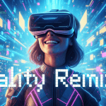 A person wearing VR goggles stands in a digital, neon-lit environment with the text "Reality Remixed" in the foreground.