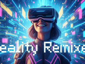 A person wearing VR goggles stands in a digital, neon-lit environment with the text "Reality Remixed" in the foreground.