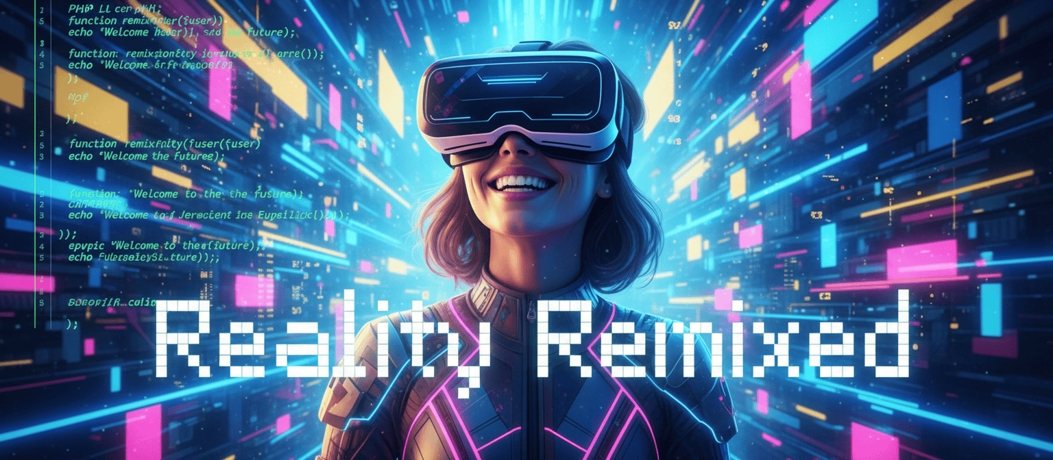 A person wearing VR goggles stands in a digital, neon-lit environment with the text "Reality Remixed" in the foreground.