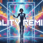 A person in futuristic attire stands in a glowing doorway, with "Reality Remixed" text over a vibrant, digital background.