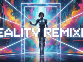 A person in futuristic attire stands in a glowing doorway, with "Reality Remixed" text over a vibrant, digital background.