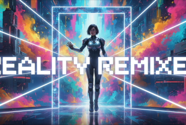 A person in futuristic attire stands in a glowing doorway, with "Reality Remixed" text over a vibrant, digital background.