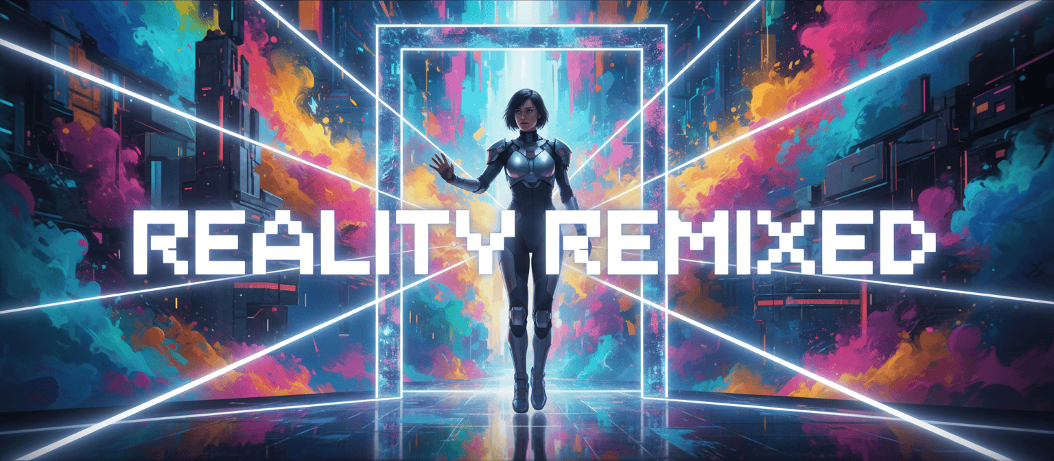 A person in futuristic attire stands in a glowing doorway, with "Reality Remixed" text over a vibrant, digital background.