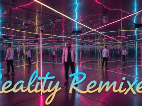 Person standing in a mirrored room with neon lights; text reads "Reality Remixed" in large script font.