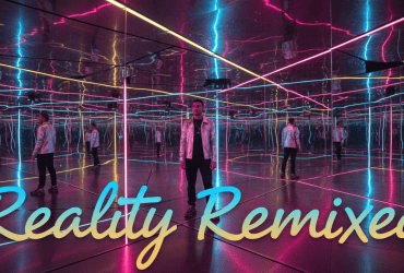 Person standing in a mirrored room with neon lights; text reads "Reality Remixed" in large script font.