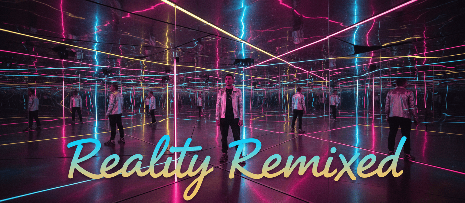 Person standing in a mirrored room with neon lights; text reads "Reality Remixed" in large script font.