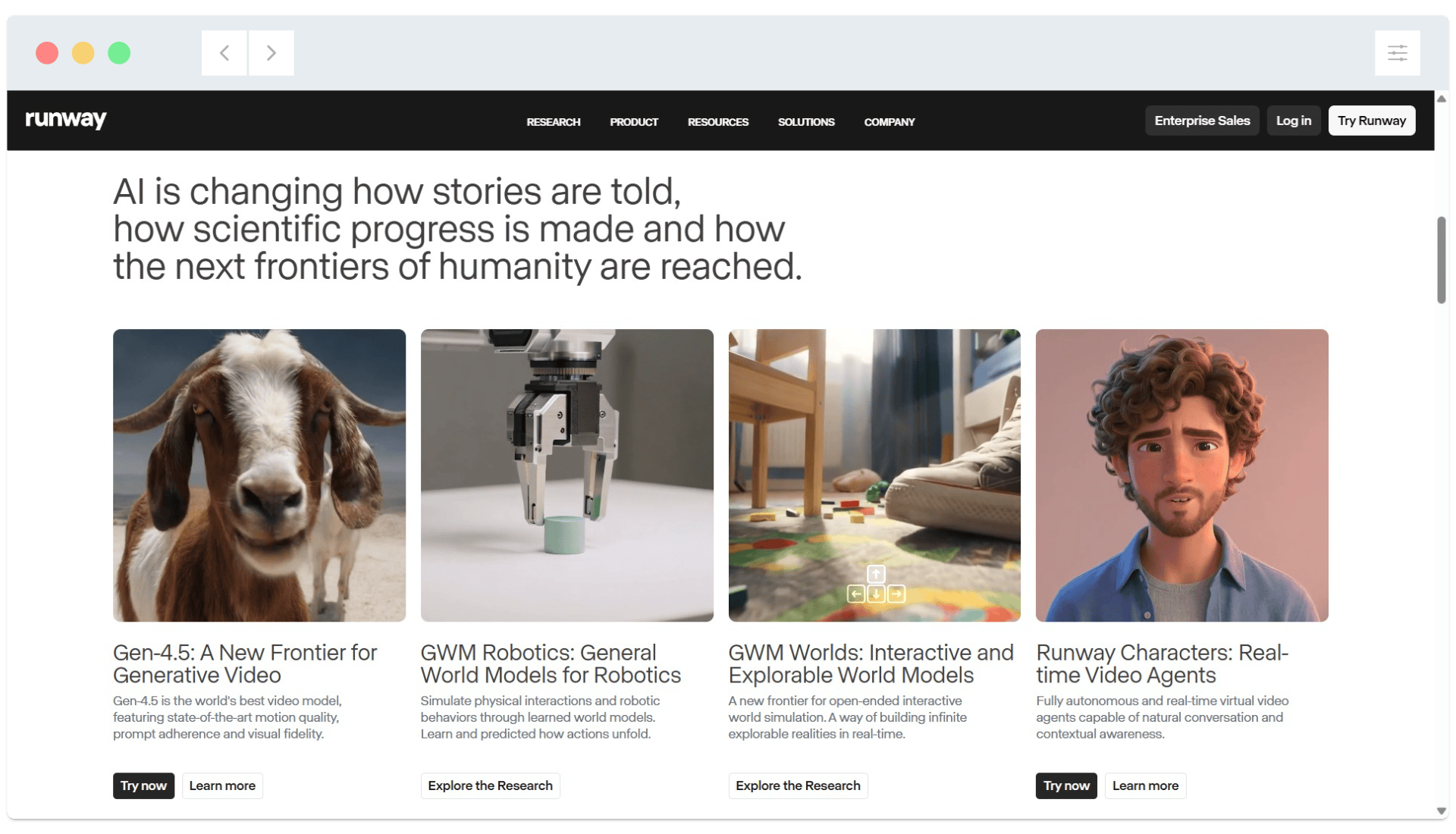 A website page displays four research articles on AI, robotics, world models, and animated AI video agents, with images above each.