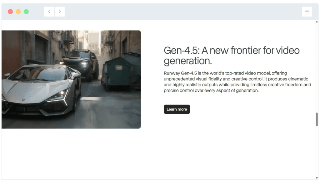 A Lamborghini speeds down an alley alongside a police car with the headline "Gen-4.5: A new frontier for video generation.