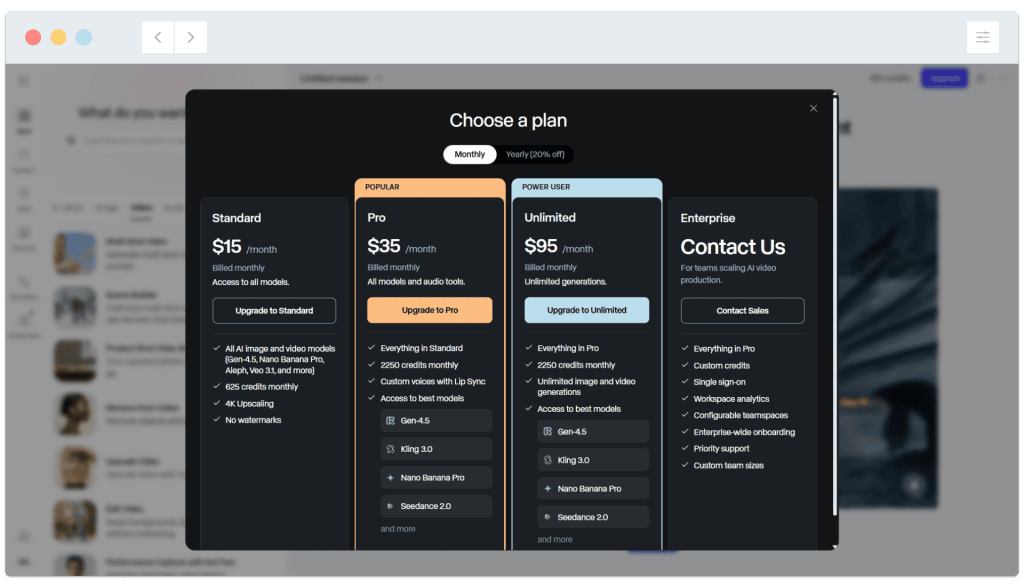 A website pricing page displays four subscription plans: Standard, Pro, Unlimited, and Enterprise, with features and prices.