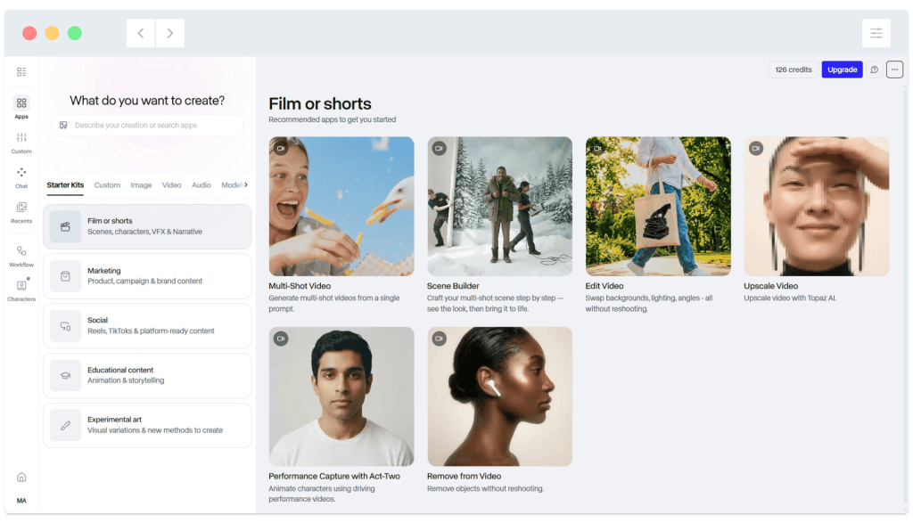 Website interface showing options for creating videos, including multi-shot, scene builder, edit, upscale, and remove from video.