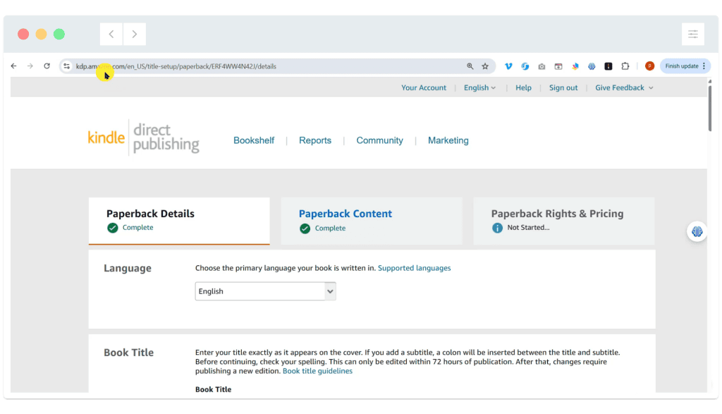 Kindle Direct Publishing webpage showing the "Paperback Details" section with language selection set to English.