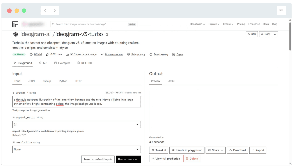 Screenshot of the ideogram.ai/v3-turbo web interface showing an image prompt input and output settings on a desktop.