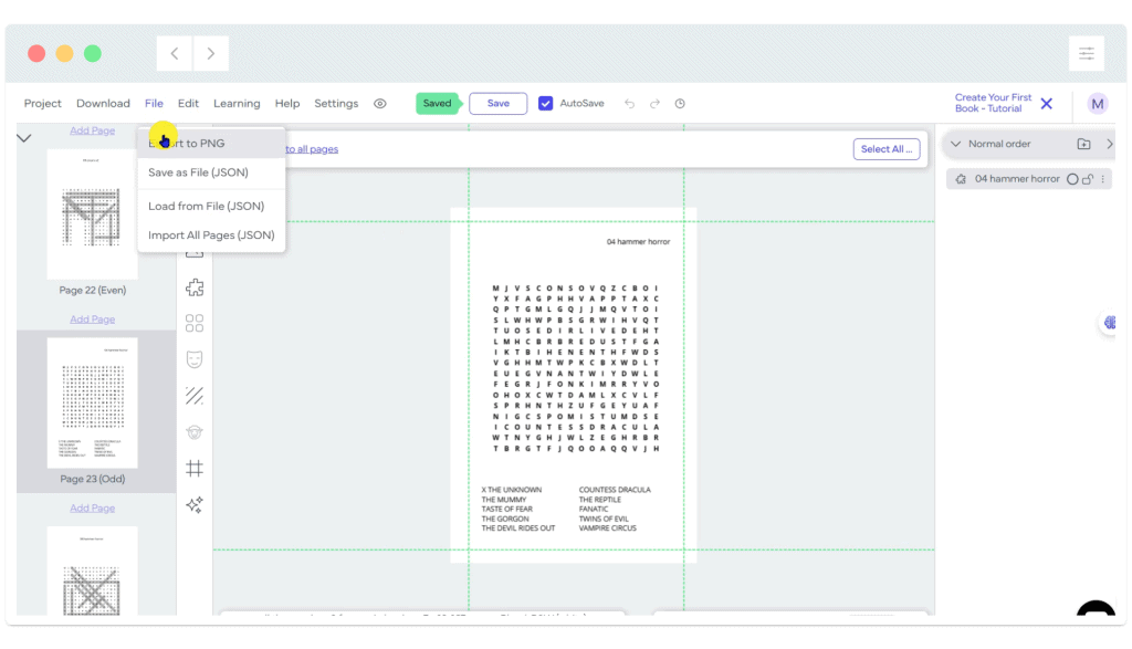 A webpage interface shows a word search puzzle with a dropdown menu open under the 'Save as' button, displaying file options.