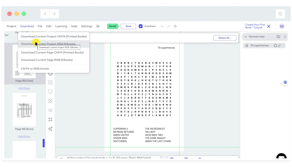 A word search puzzle featuring superhero names is displayed on a book design platform with download options visible.