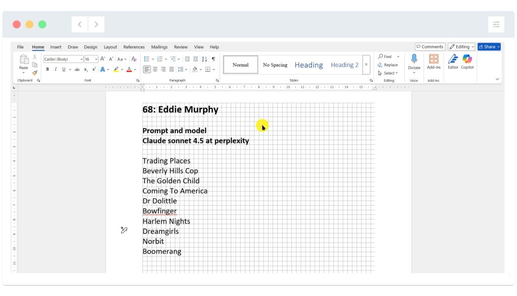 A Word document titled "68: Eddie Murphy" lists movie titles under the headings "Prompt and model" and "Claude sonnet 4.5 at perplexity.