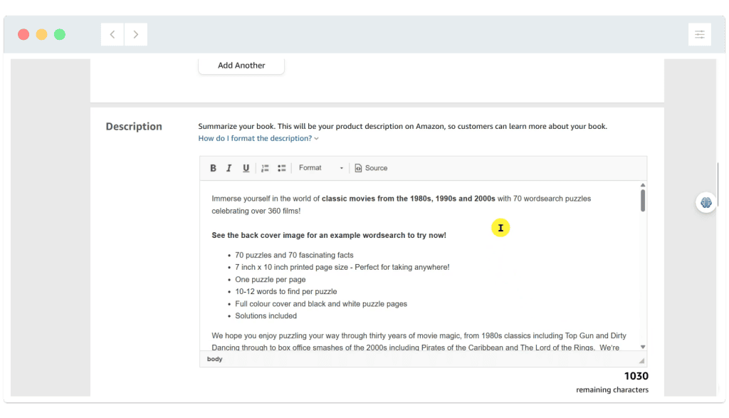 Screenshot of a webpage editing form with text about a book featuring wordsearch puzzles based on classic movies.
