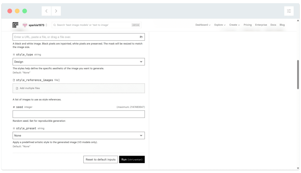 Screenshot of an AI image generation web interface with form fields for style, design, seed, and style preset options.