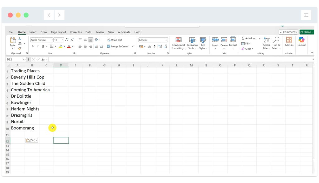 An Excel spreadsheet lists movie titles in column A from rows 1 to 9; other cells are empty.