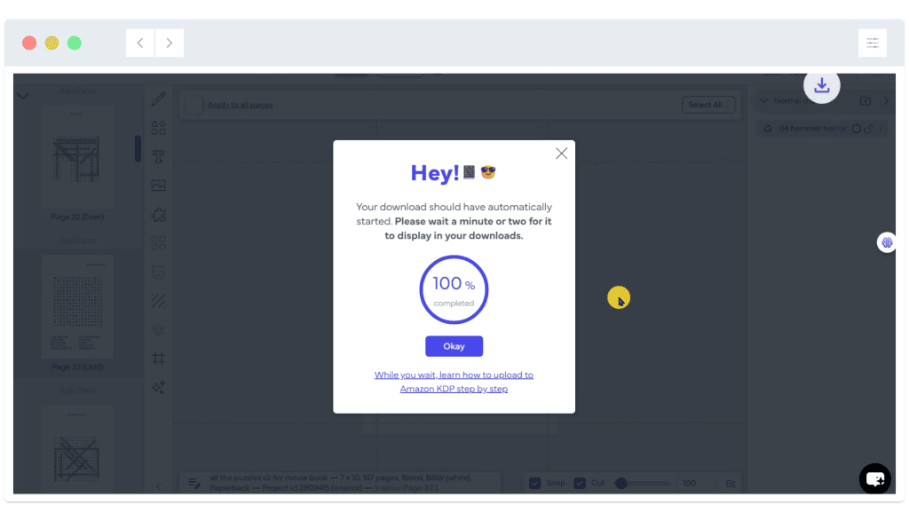 A pop-up message shows a completed download at 100% with an "Okay" button and additional instructions below.