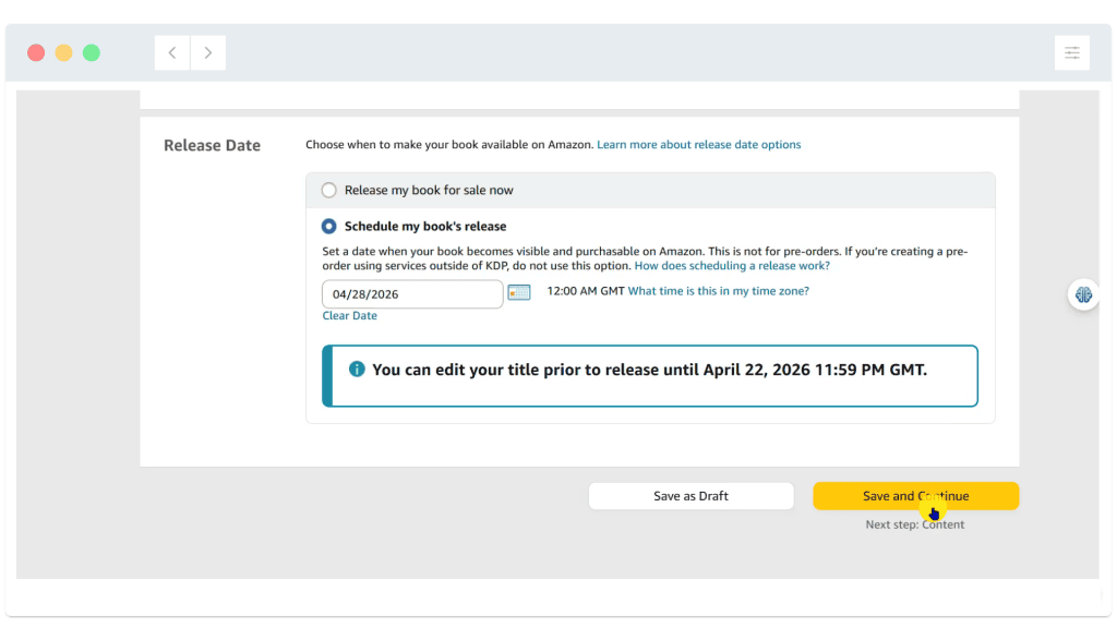 Amazon Kindle Direct Publishing release scheduling page with a book release date set for April 23, 2026.