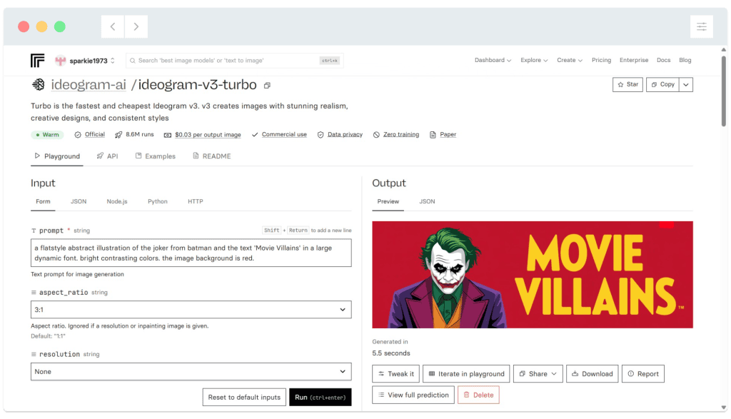 A web interface shows an AI-generated image of a Joker-like character with "MOVIE VILLAINS" text on a red background.
