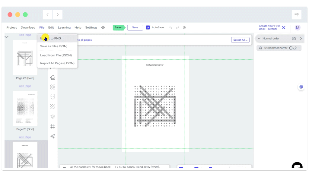A digital editor window displays a word search puzzle with large black X marks crossing out parts of the grid.