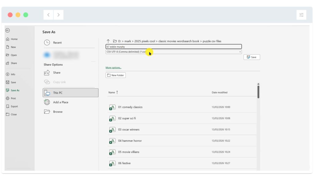 A computer screen shows the Save As dialog in Excel, saving a file to a folder with several Excel documents.