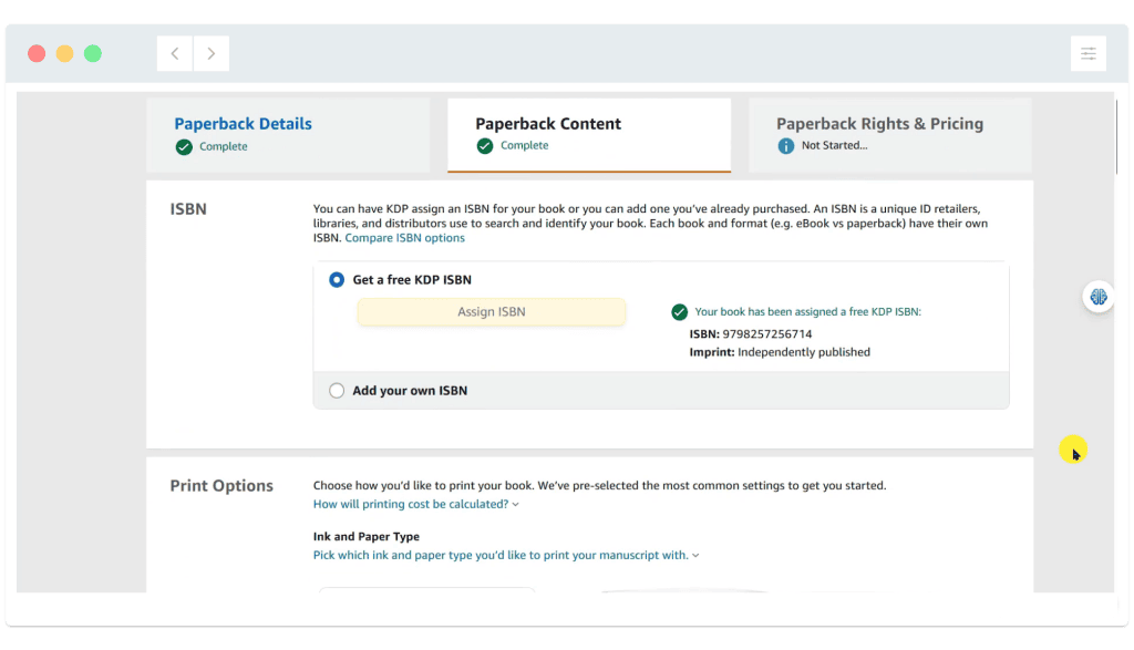 Amazon KDP paperback setup page showing ISBN assignment, with options to get a free ISBN or add your own ISBN.
