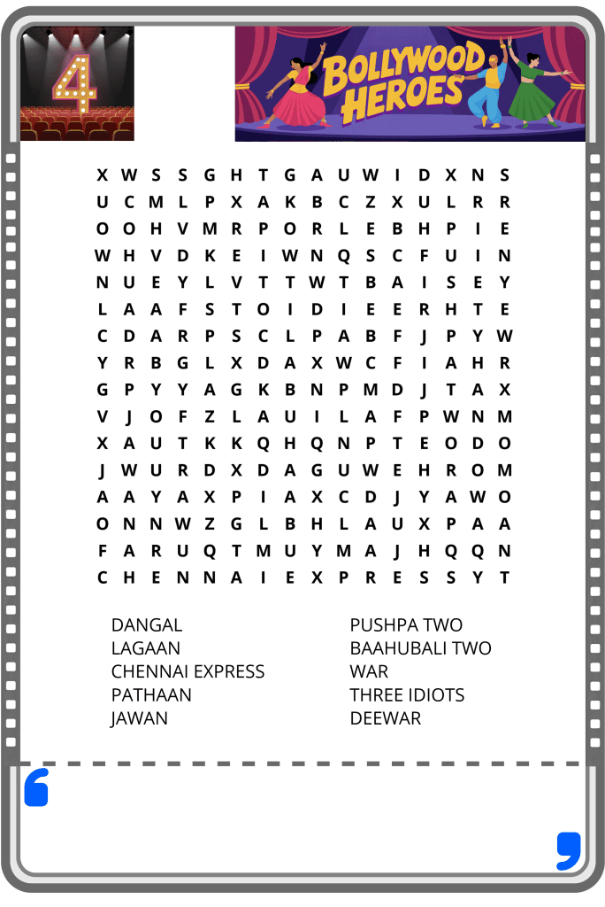 Bollywood-themed word search puzzle with a list of eight movie titles to find in the grid.