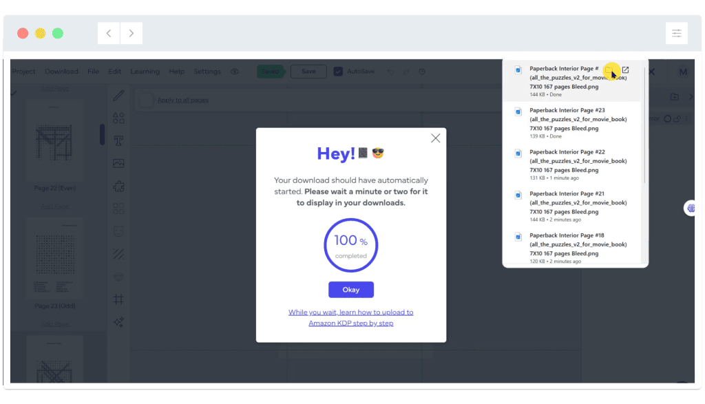 A popup shows a download complete message at 100% with a list of downloaded PDF files visible on the right.