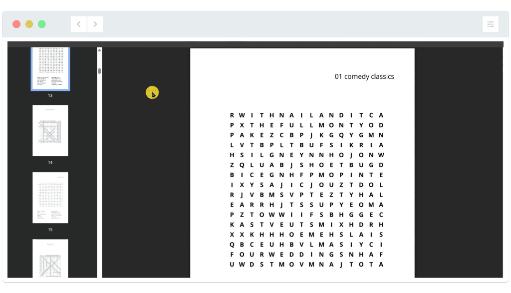 A digital word search puzzle titled "01 comedy classics" is displayed in a PDF reader with thumbnails on the side.