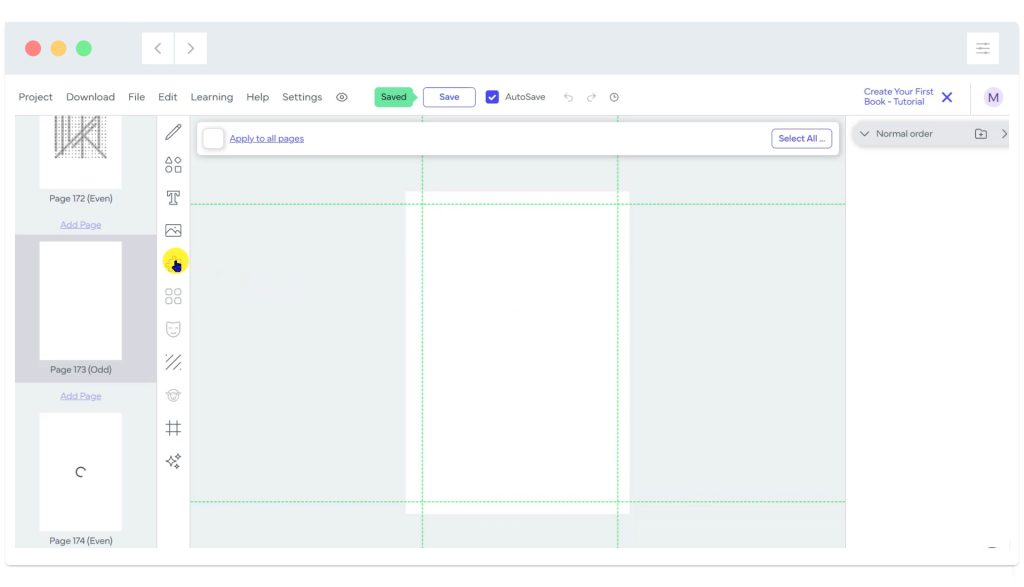 Screenshot of a digital book editor interface showing a blank page and editing tools on the left sidebar.