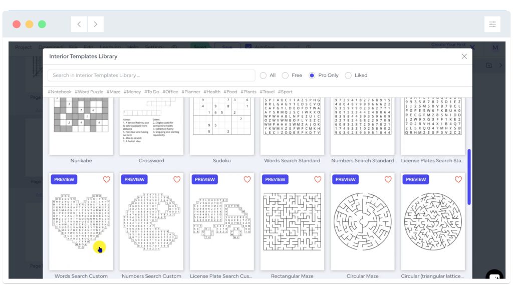 A computer screen displays a library of puzzle templates, including crosswords, sudoku, word search, and mazes.