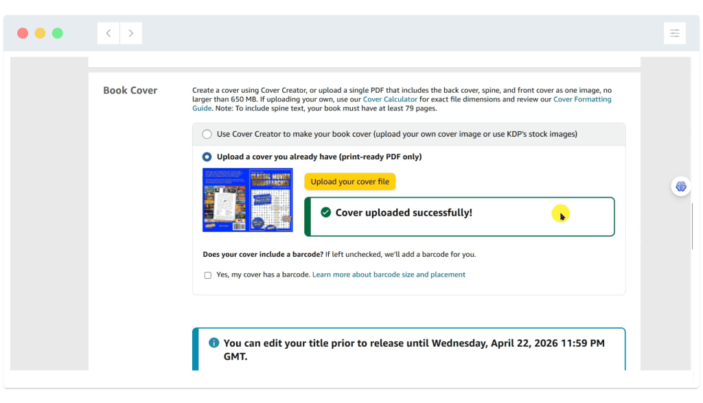 Screenshot of a book cover upload page showing a message that the cover file was uploaded successfully.