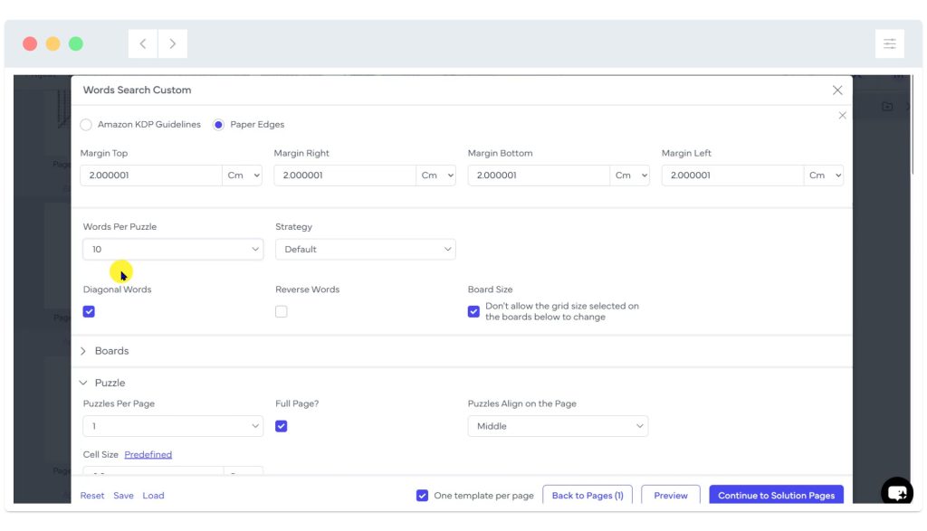 Screenshot of a custom words search puzzle settings page with various margin, strategy, and layout options displayed.