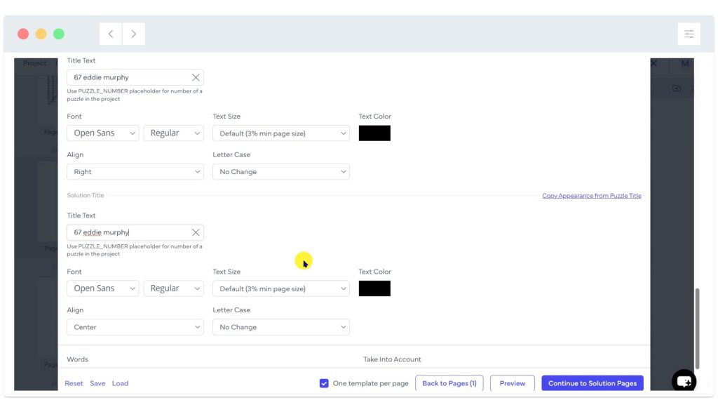 A web form with fields for title text, font, size, alignment, color, and navigation buttons at the bottom.