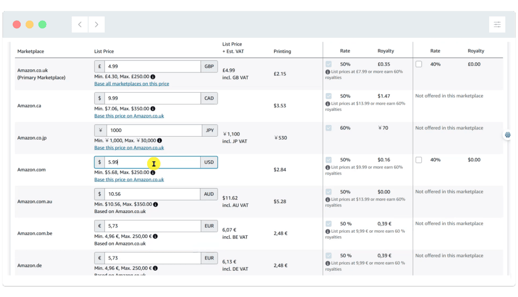 A pricing dashboard displays list prices, royalties, and rates for books across different Amazon marketplaces and currencies.