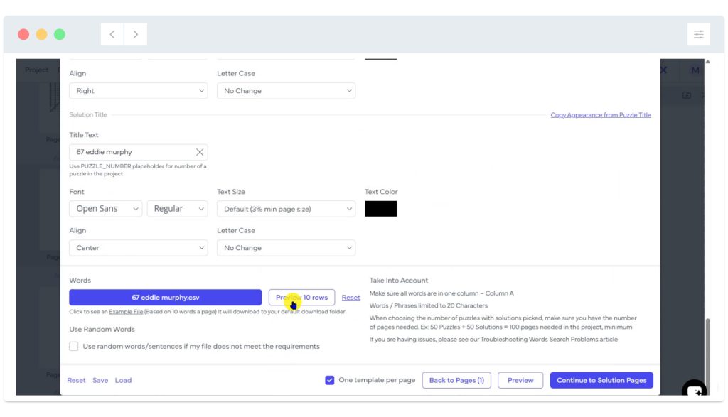 Screenshot of a web form for editing puzzle content, showing fields for title, font, and word list options.