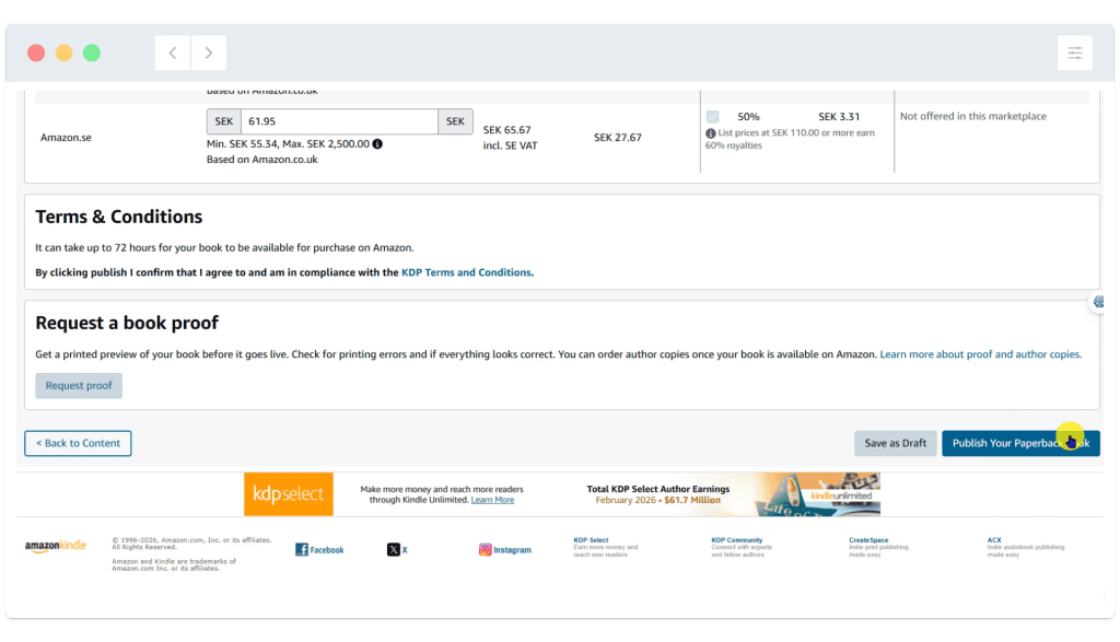 Amazon KDP interface showing order details, terms and conditions, and a "Request proof copy of your book" section.