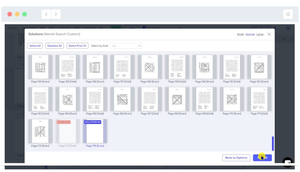 A computer screen shows a document selection window with thumbnails and navigation options highlighted.