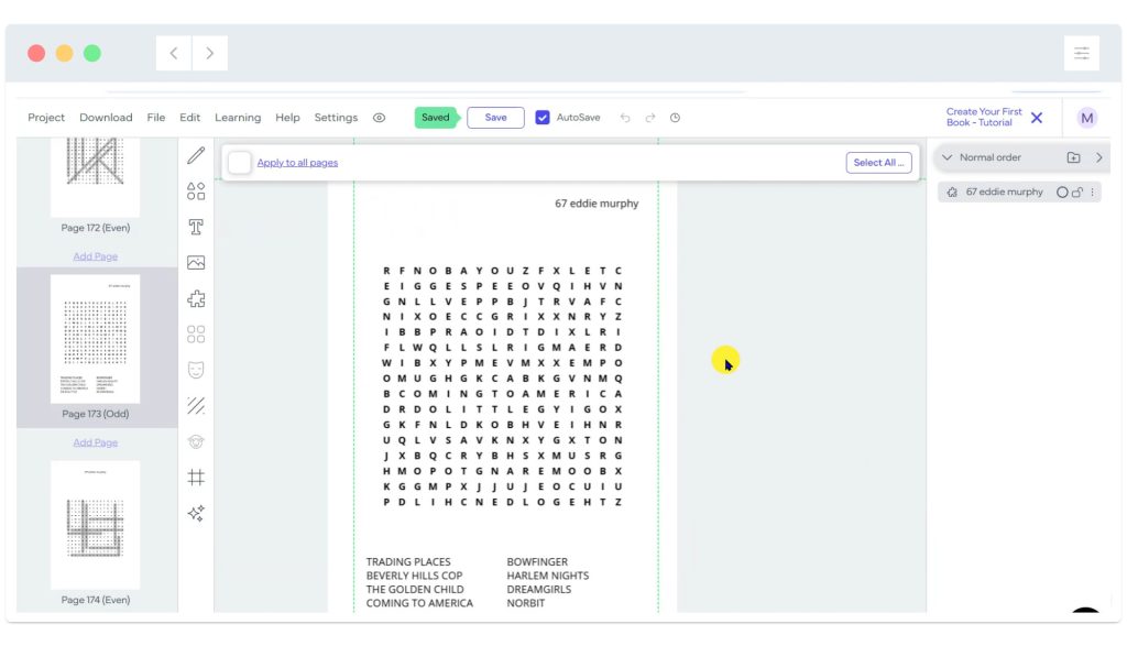 A word search puzzle displayed on a document editing interface with various control buttons at the top.