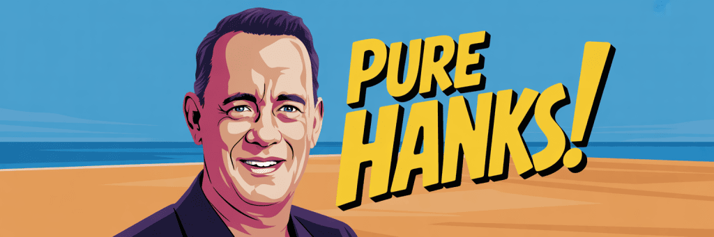 Illustrated portrait of a smiling man on a beach with bold yellow text that reads, "Pure Hanks!.