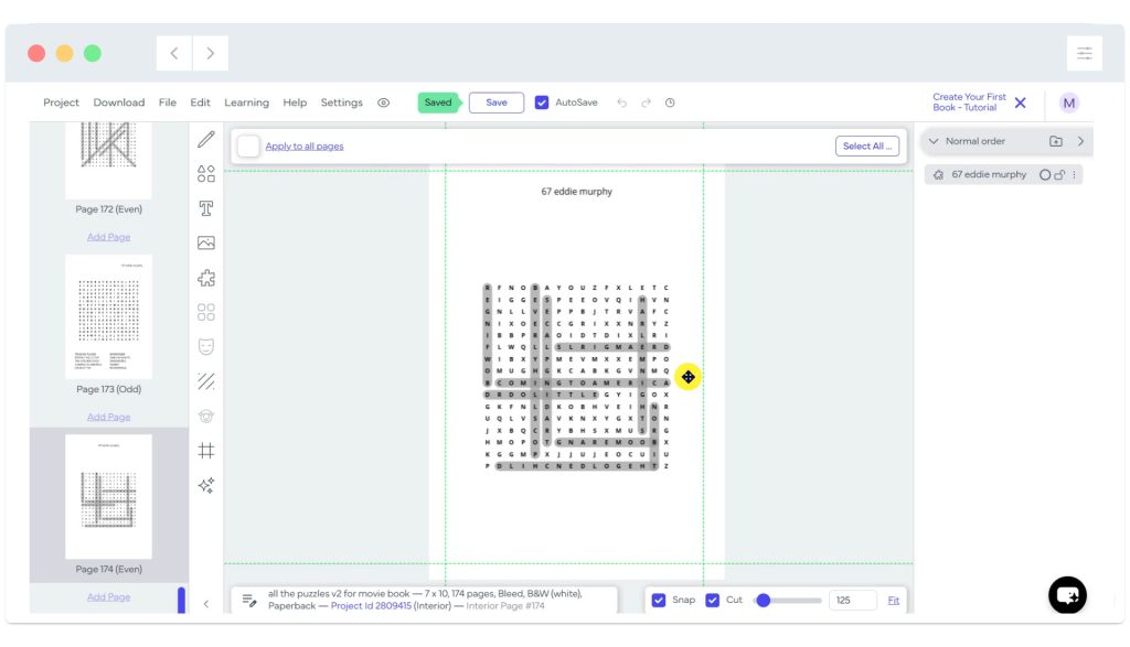 A digital word search puzzle editor with a completed puzzle and editing tools visible on the screen.