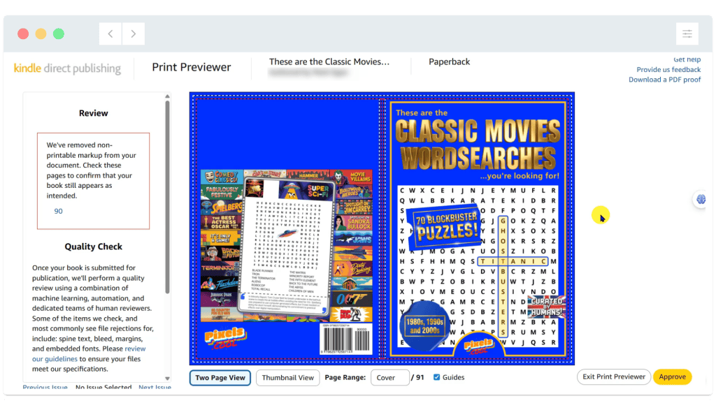 Kindle Direct Publishing preview of a classic movies word search puzzle book cover and back in blue and yellow tones.