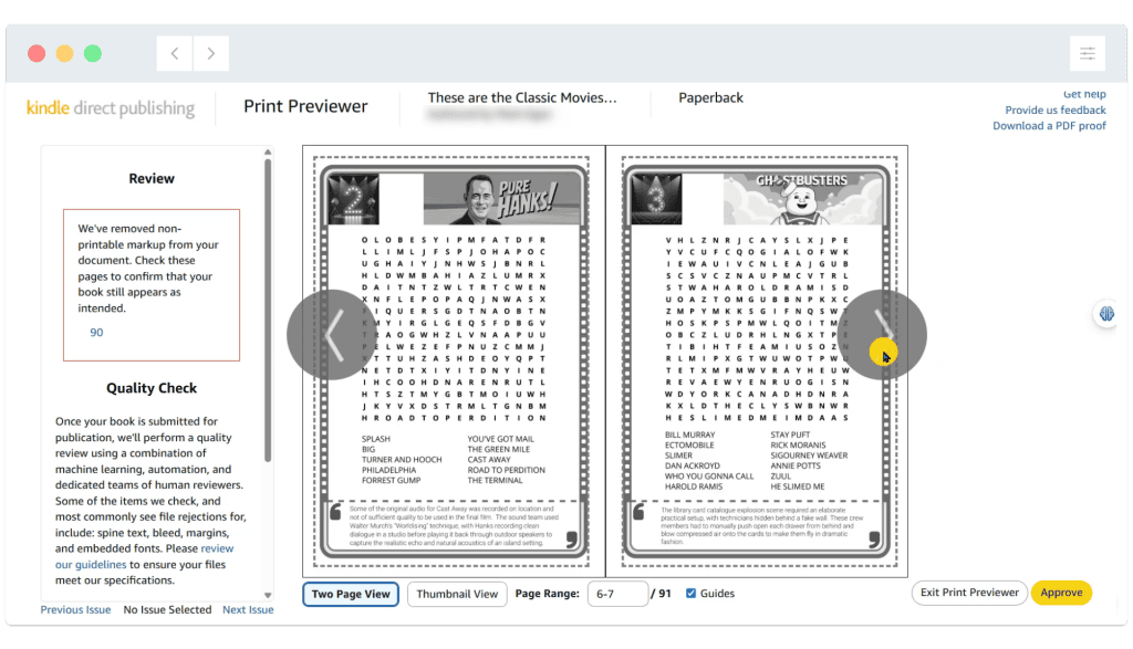 Print preview of a book with two pages showing word search puzzles themed on Pixar movies, “Pixar Planet” and “Characters.”.