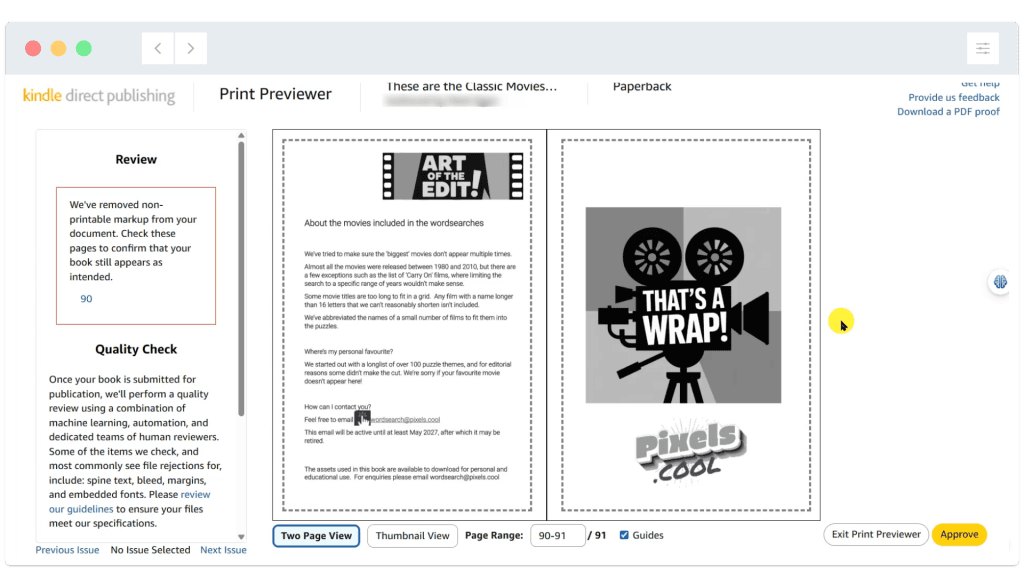 Kindle print preview showing a book spread with a text page on the left and a film-themed graphic page on the right.
